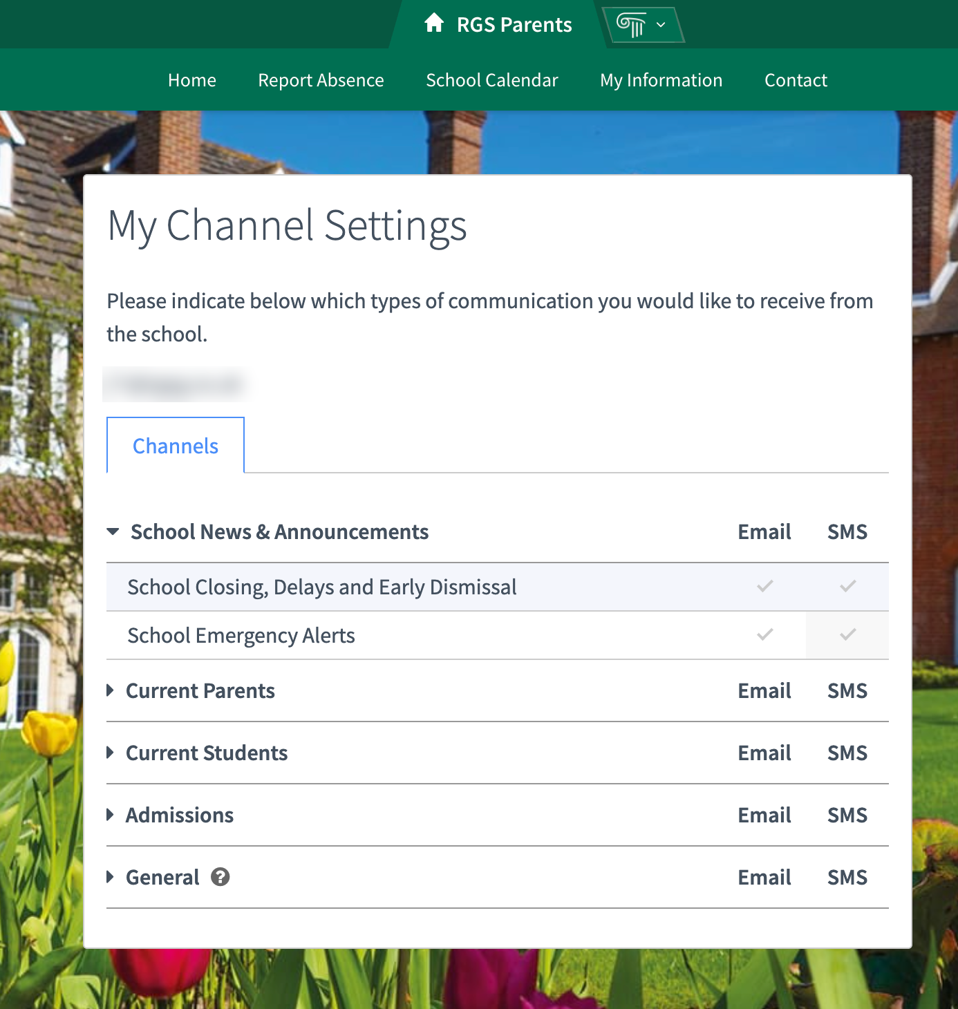 The My Channel Settings page listing communication categories